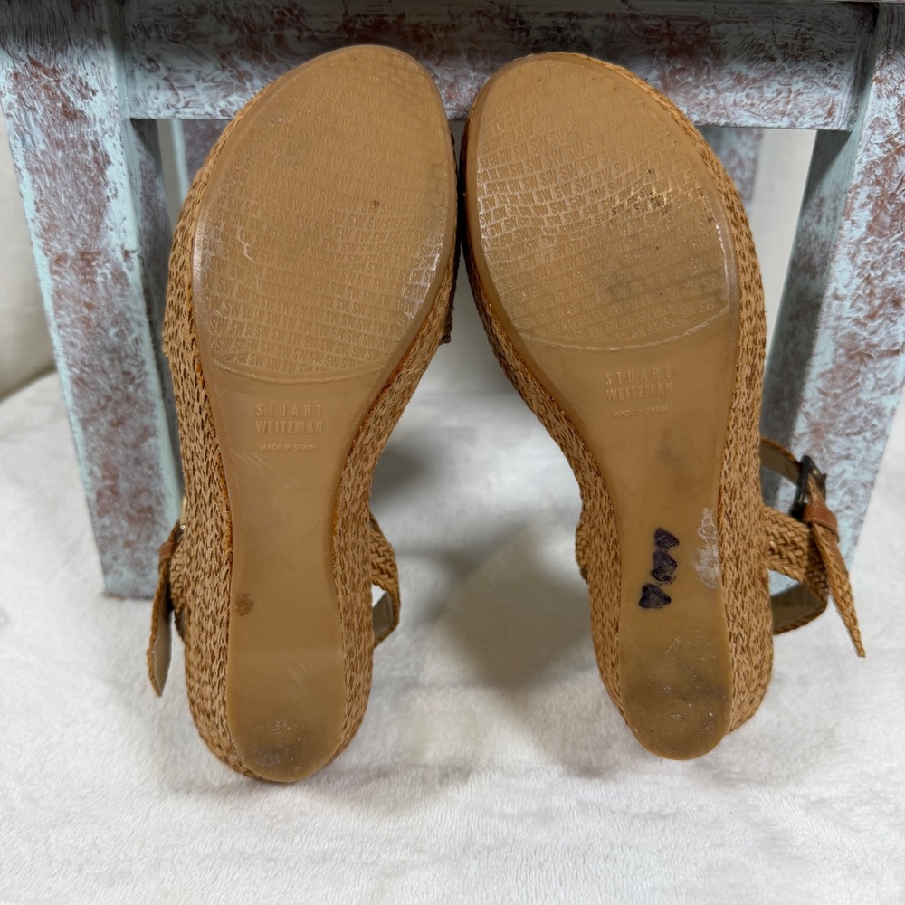 Stuart Weitzman Barbados Wedge Sandals Women 5.5 Tan Woven Platform Ankle Strap - Picture 8 of 11